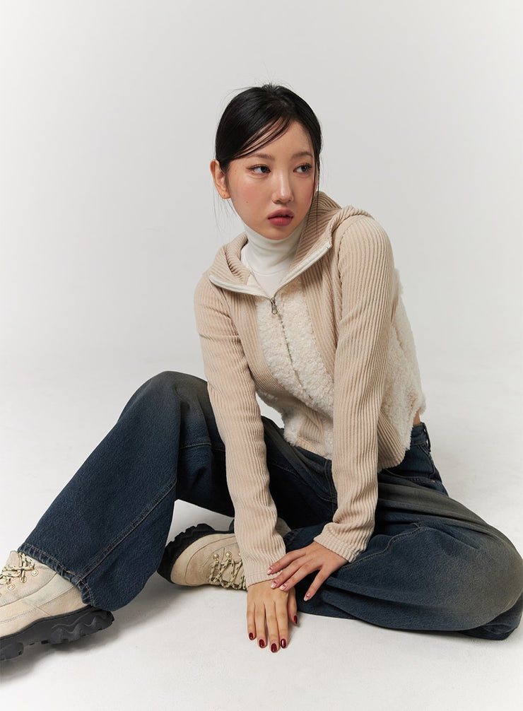 ribbed-hoodie-zip-up-top-cd329 / Beige