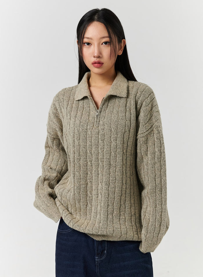 unisex-weave-knit-zipped-sweatshirt-cd328 / Beige