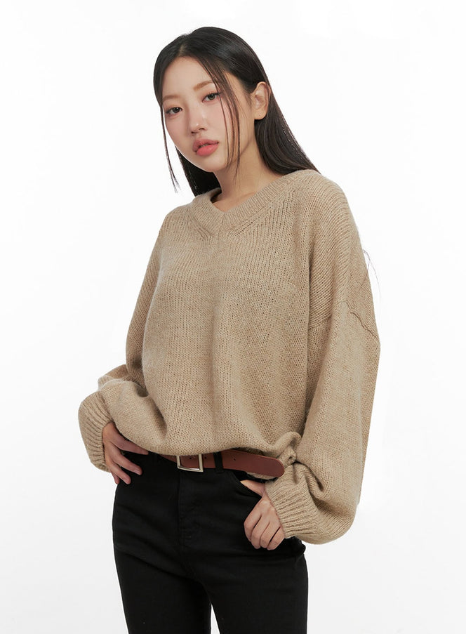 cozychic-wool-blend-v-neck-sweater-in415 / Beige