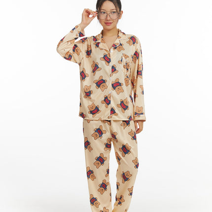 teddy-graphic-buttoned-pajama-set-if421 / Beige