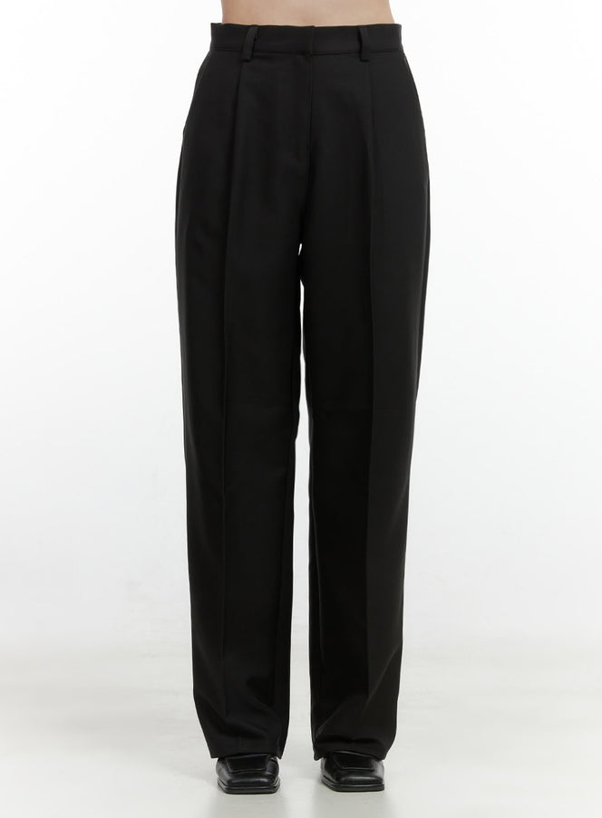 pintuck-solid-wide-fit-trousers-os423 / Black