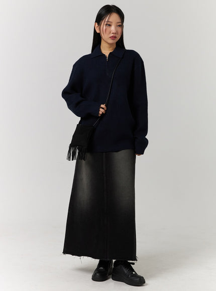 denim-raw-hem-stitch-maxi-skirt-cd329 / Black