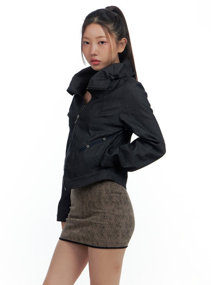 zip-up-high-neck-cropped-jacket-cs424 / Black