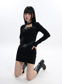 solid-buckle-mini-dress-if413 / Black