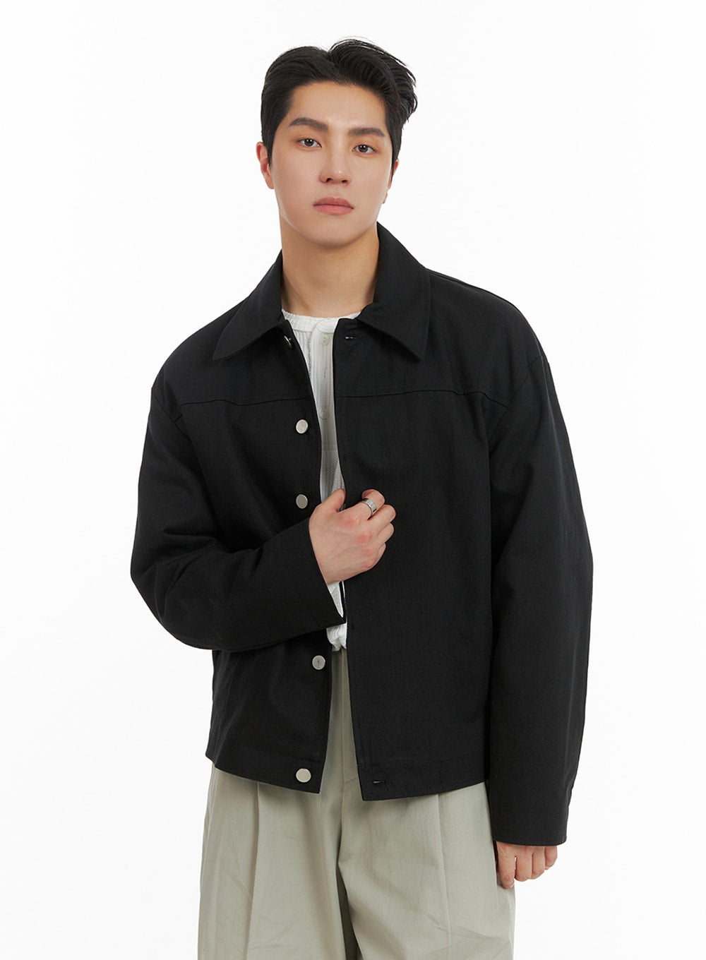 mens-basic-cotton-collar-buttoned-jacket-ia401 / Black