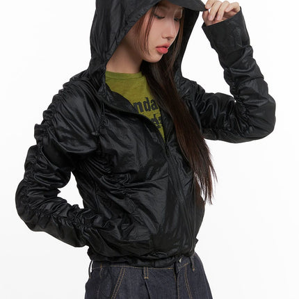 shirred-hooded-nylon-crop-jacket-co402 / Black