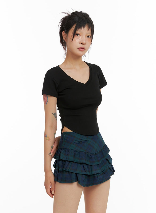 v-neck-shirred-crop-tee-cl415 / Black