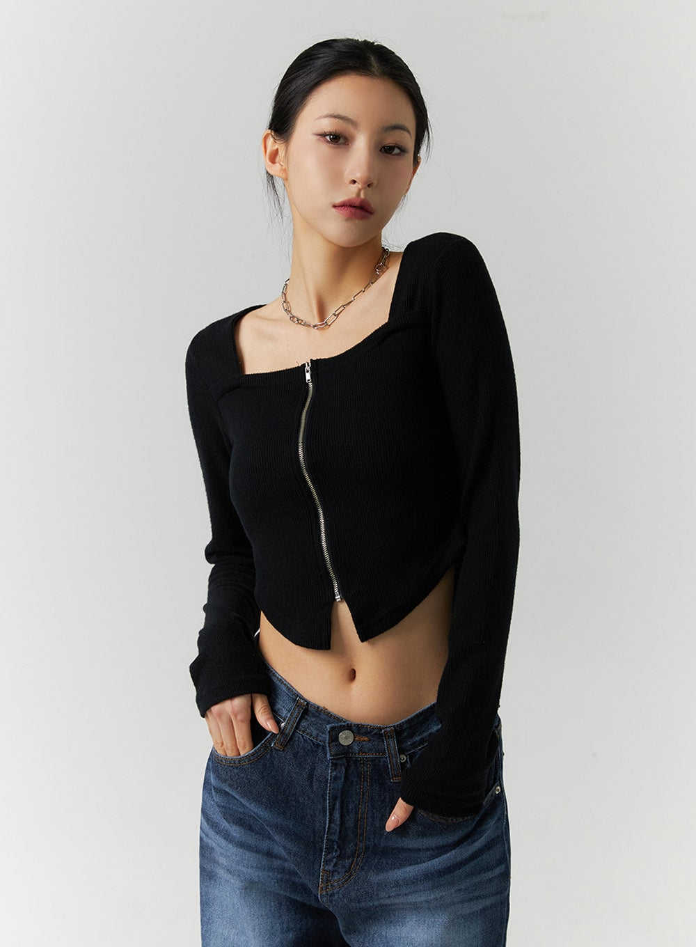 wool-blend-zip-up-streetwear-cardigan-id305 / Black