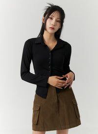 slim-fit-buttoned-collar-top-cn321 / Black