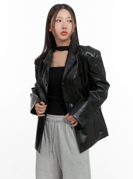 oversized-button-faux-leather-jacket-co404 / Black