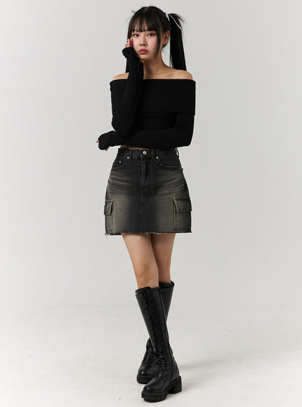 denim-mid-waist-ripped-mini-skirt-cj405 / Black