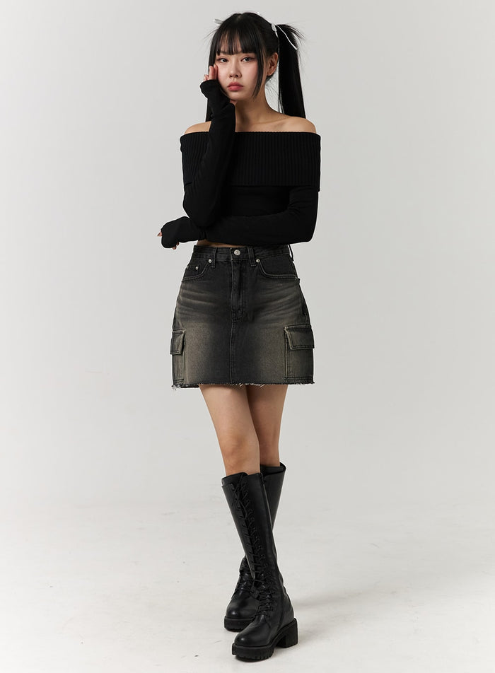 denim-mid-waist-ripped-mini-skirt-cj405 / Black
