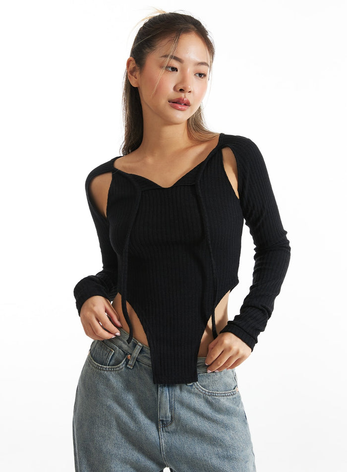 cut-out-crop-long-sleeve-top-co313 / Black