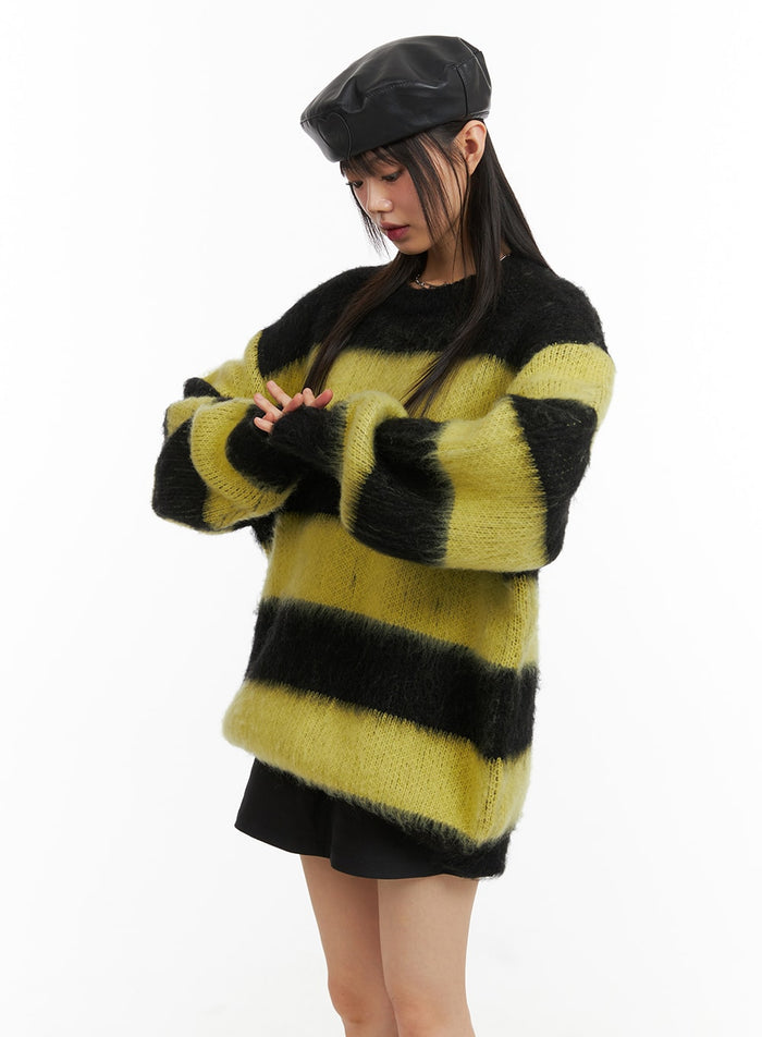wool-blend-stripe-contrasting-knitted-long-sleeve-top-cj415 / Black