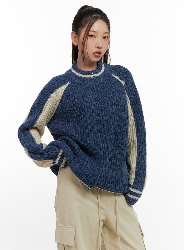 two-tone-zip-up-knit-sweater-cn412 / Blue