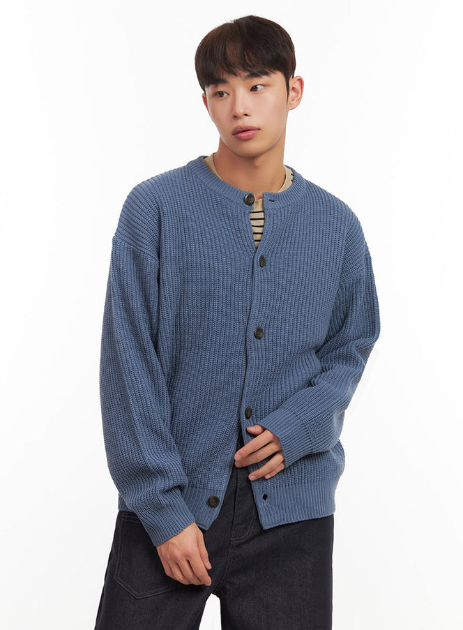 Men's Ribbed Buttoned Round-Neck Cardigan IF517