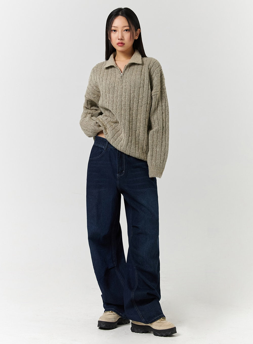 unisex-high-waist-solid-pocket-straight-leg-jeans-cd328 / Blue