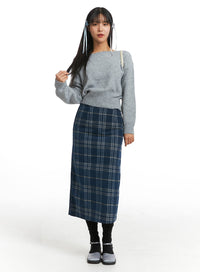 wool-like-mid-waist-plaid-maxi-skirt-oj405 / Blue