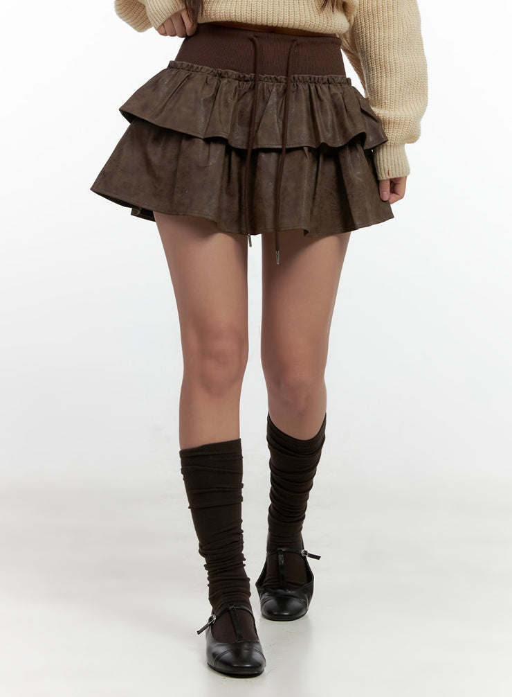 flare-ruffle-mini-skirt-cn412 / Brown