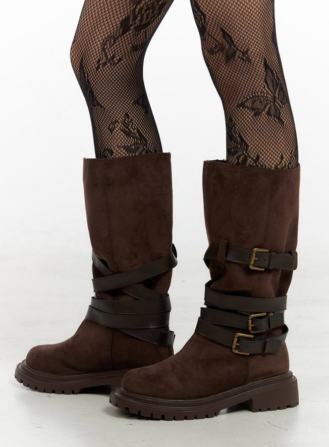 buckle-chic-faux-leather-long-boots-io430 / Dark brown