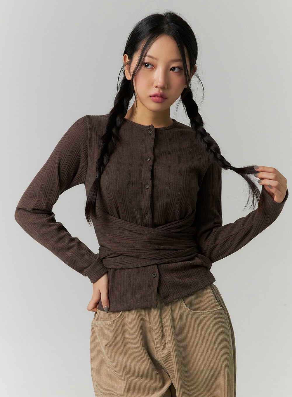 wrap-layered-button-long-sleeve-top-cn324 / Dark brown