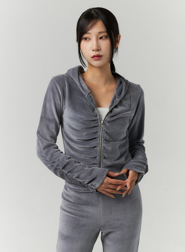 velvet-shirred-hoodie-zip-up-jacket-cn321 / Dark gray