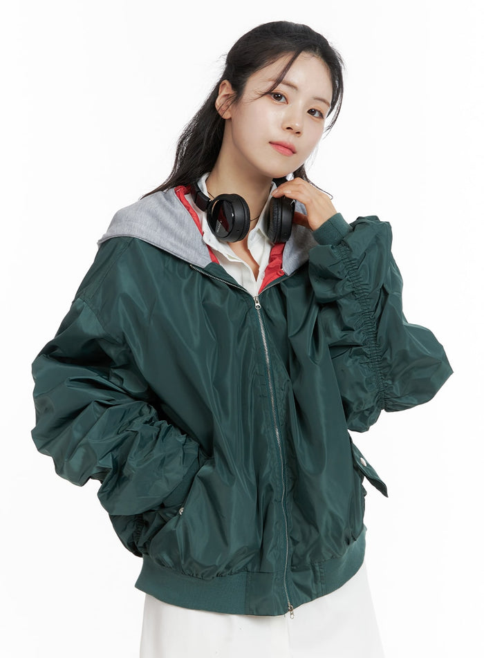 contrasting-hoodie-bomber-jacket-om418 / Dark green