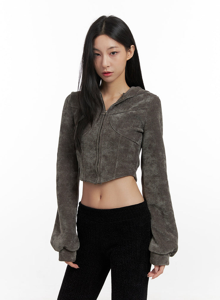 velvety-zip-up-cropped-hoodie-cn426 / Dark green