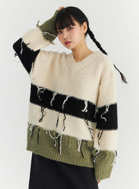 v-neck-tassel-stripe-sweater-co330 / Dark green