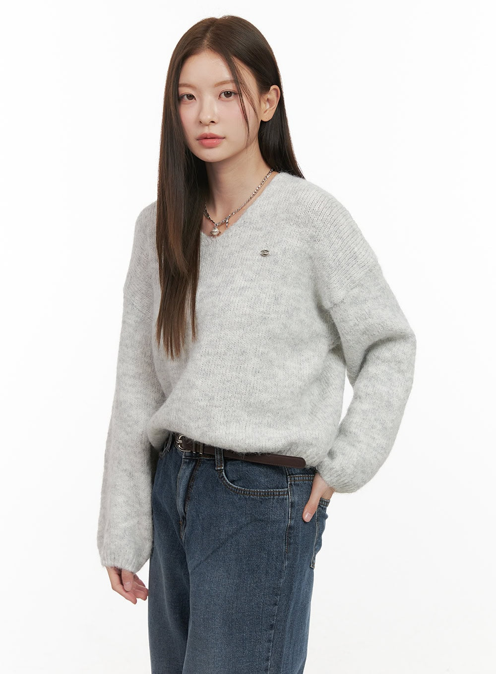 warm-v-neck-sweater-od412 / Gray