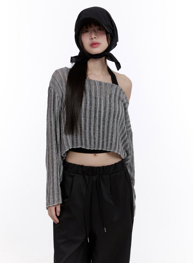 sheer-one-shoulder-crop-sweater-cf511 / Gray