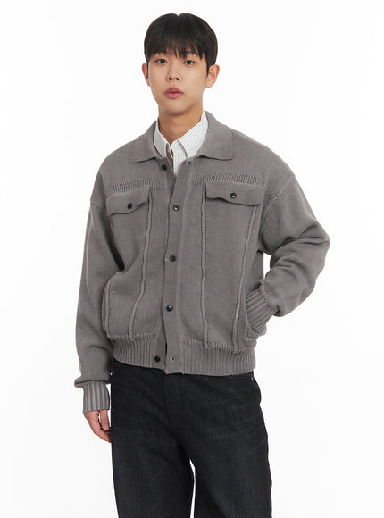 mens-stitched-pockets-collared-cardigan-im514 / Gray