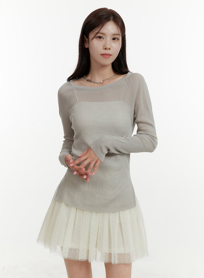 solid-knitted-long-sleeve-top-oy409 / Gray