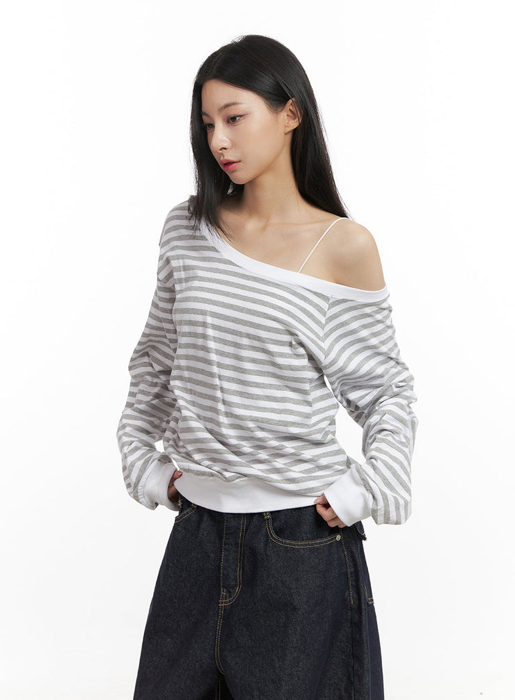 loose-fit-striped-drop-shoulder-top-cn426 / Gray