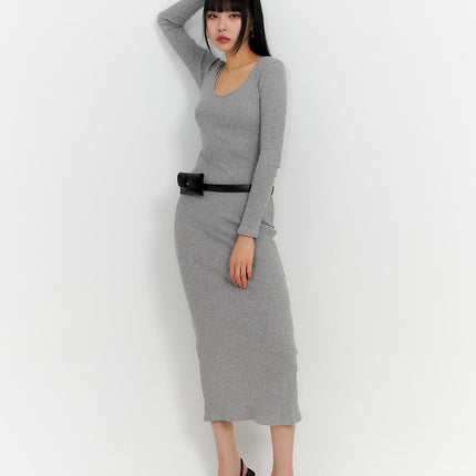 basic-round-neck-long-sleeve-maxi-dress-im414 / Gray