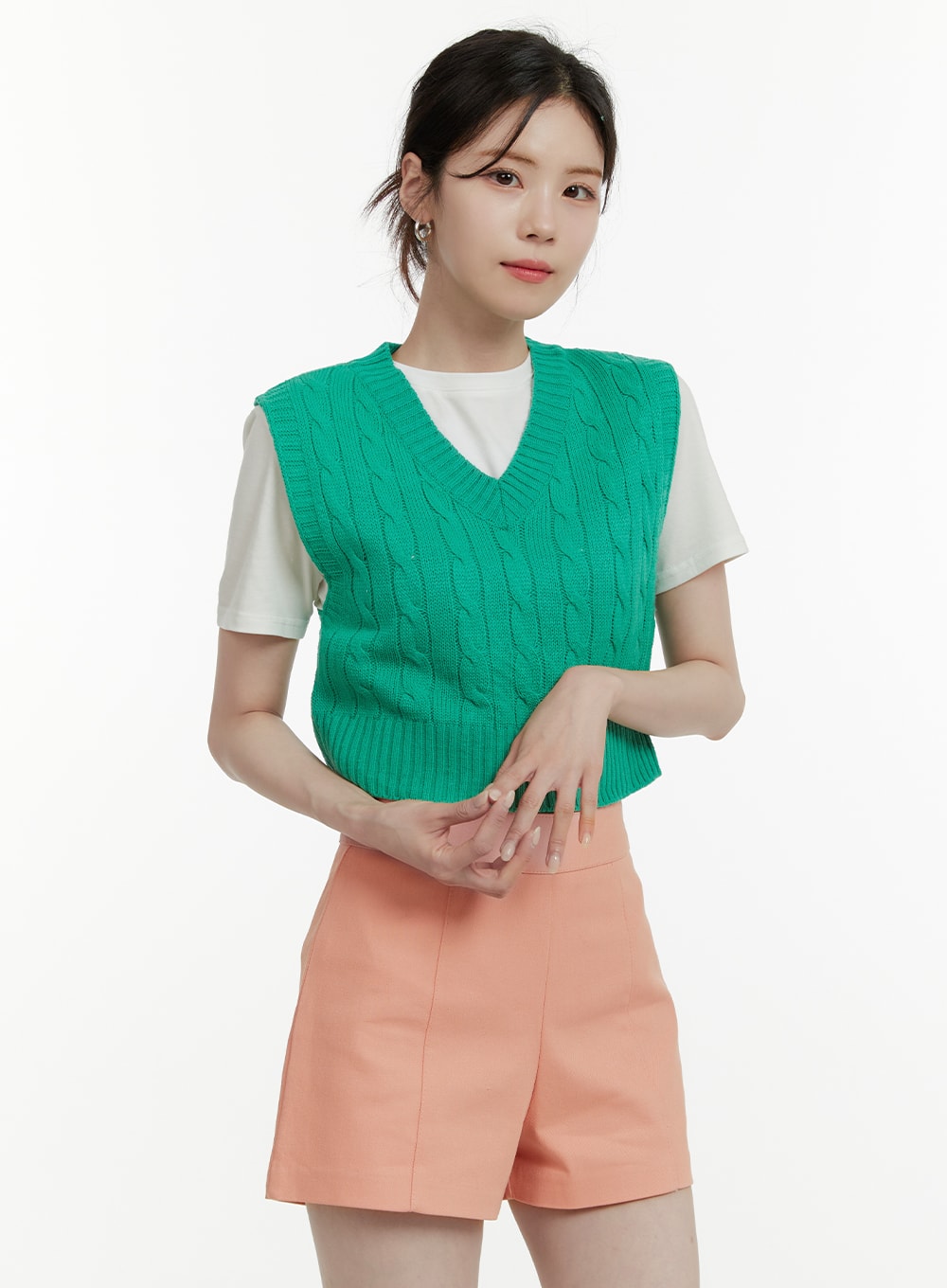 v-neck-cable-crop-knit-vest-oa405 / Green