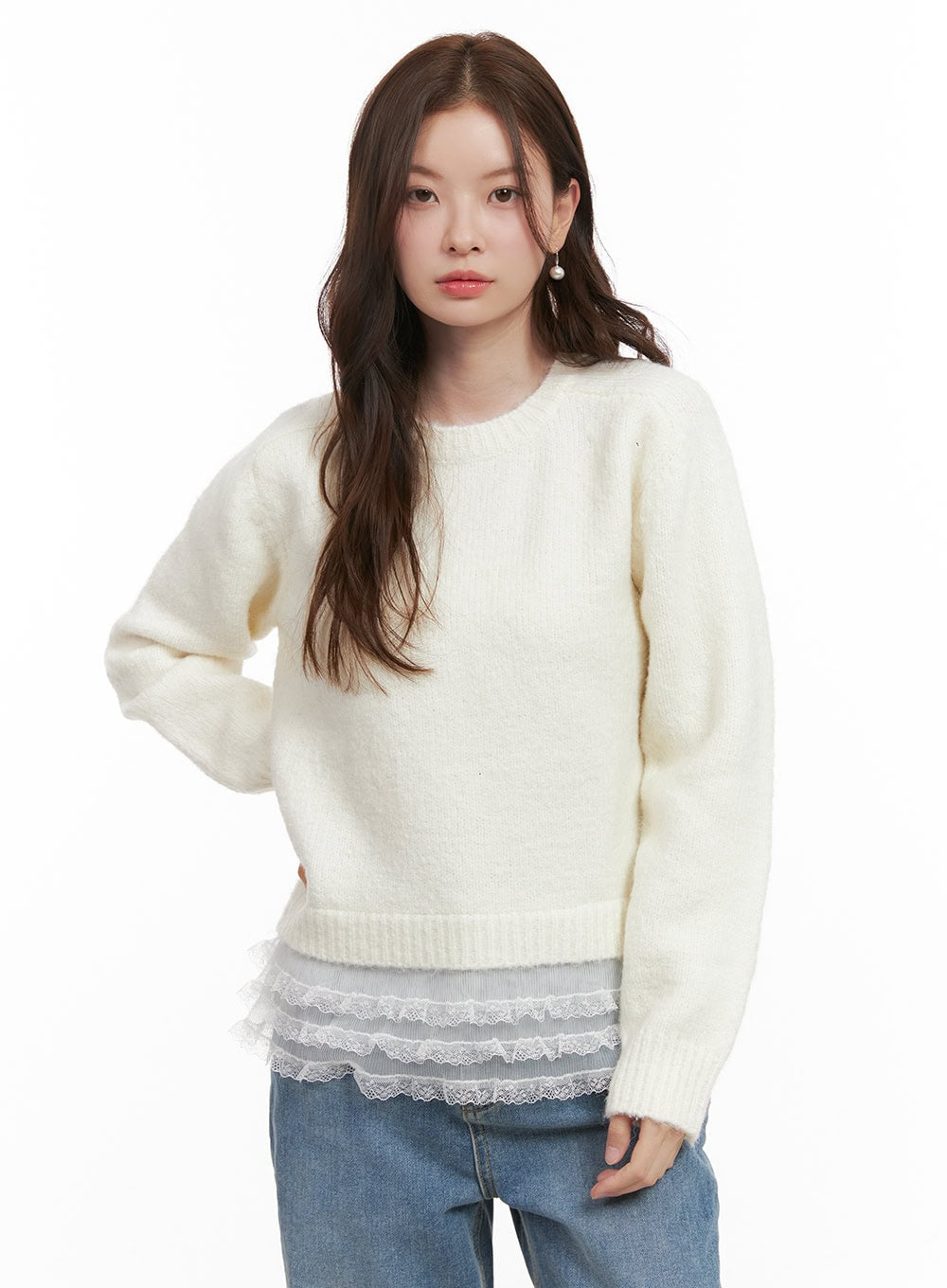 lace-trim-wool-blend-sweater-od403 / Light beige