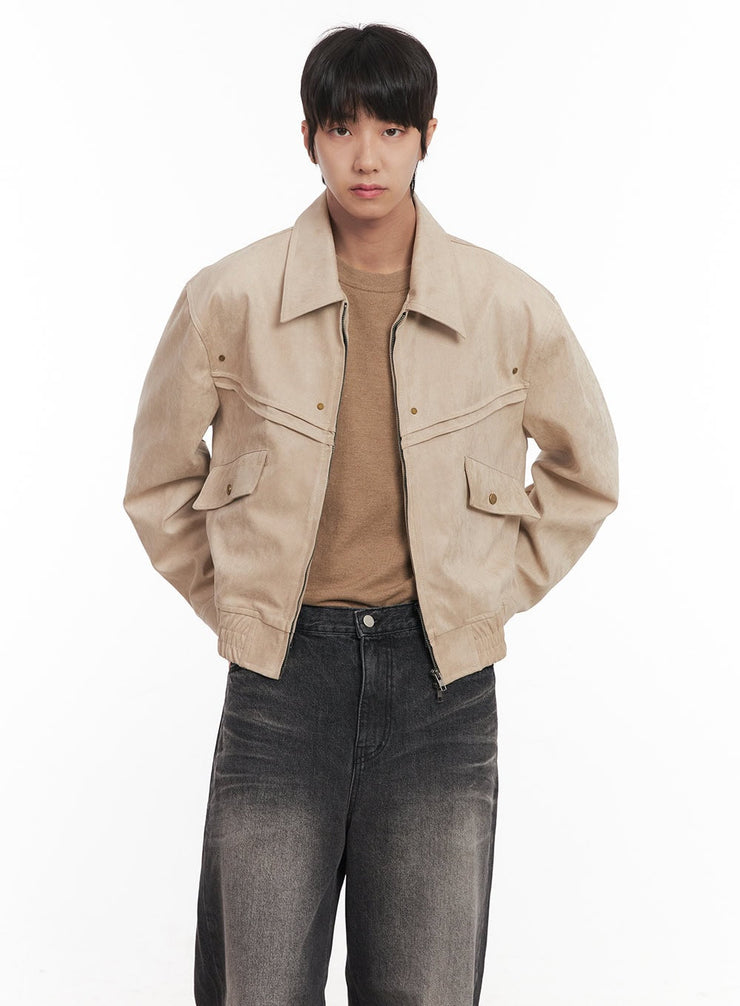 mens-suede-zip-up-collared-jacket-im518 / Light beige