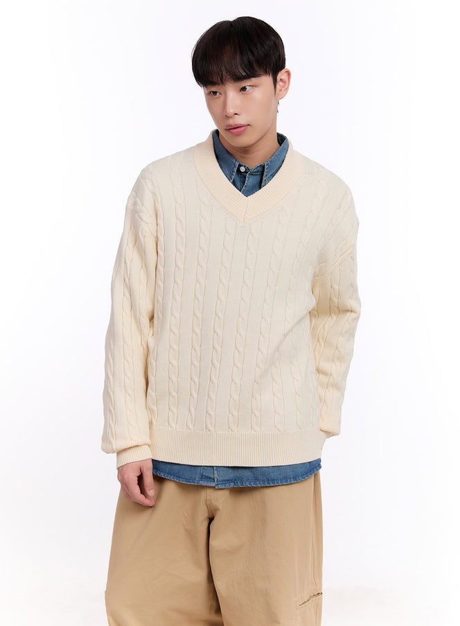 Men's Cable Knit V-Neck Sweater IM512