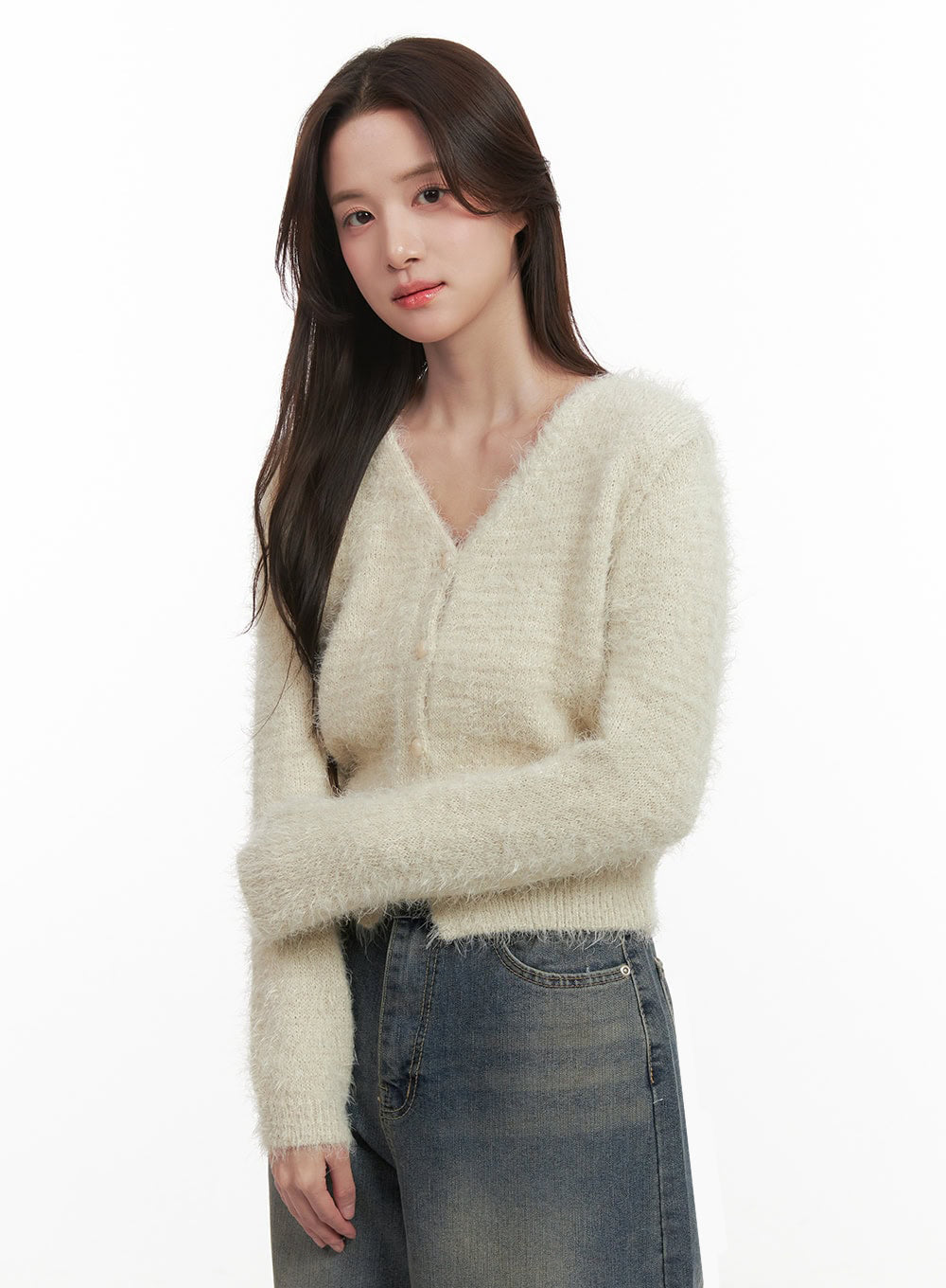 Fuzzy V-Neck Buttoned Crop Cardigan IJ510