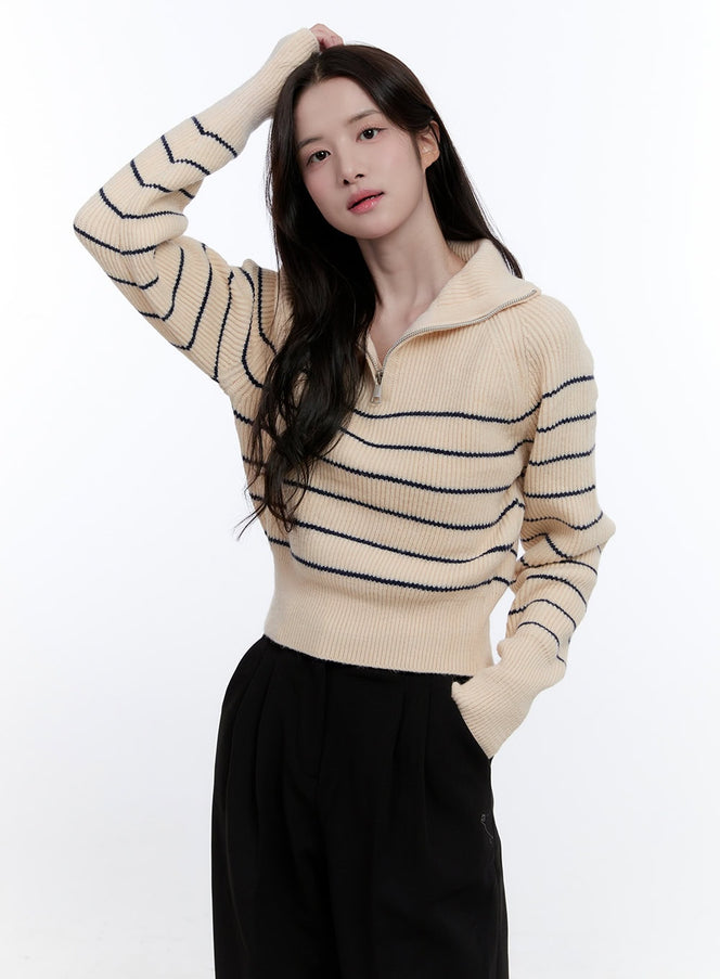 striped-half-zip-sweater-on418 / Light beige