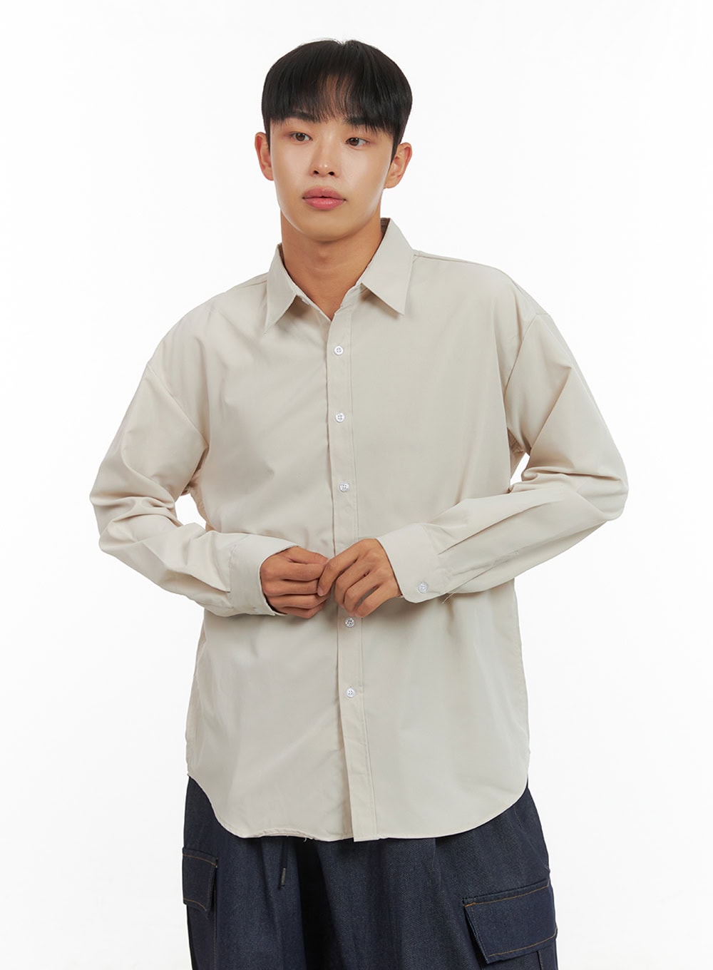 mens-solid-collared-buttoned-shirt-is420 / Light beige