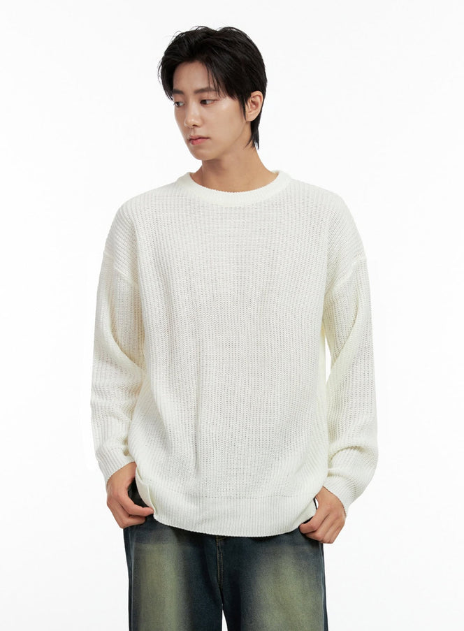 mens-solid-round-neck-sweater-in411 / Light beige