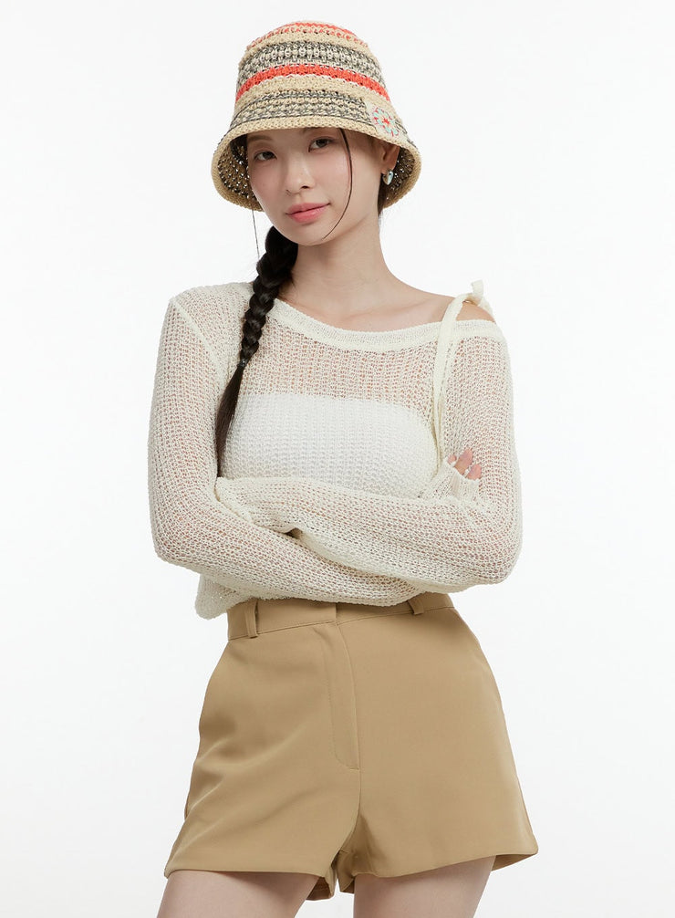 one-shoulder-strap-mesh-knit-top-ol423 / Light beige