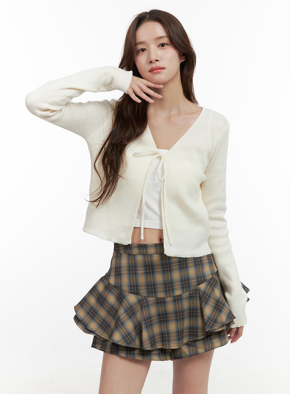 strap-long-sleeve-crop-cardigan-oo421 / Light beige