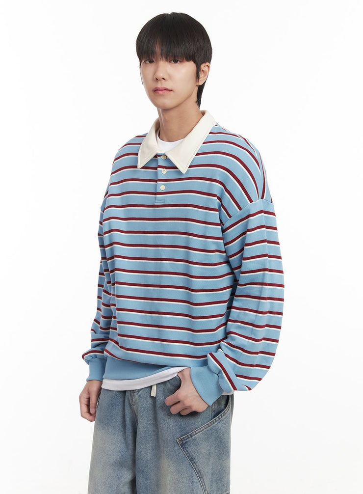 mens-stripe-collared-sweatshirt-light-blue-im518 / Light blue