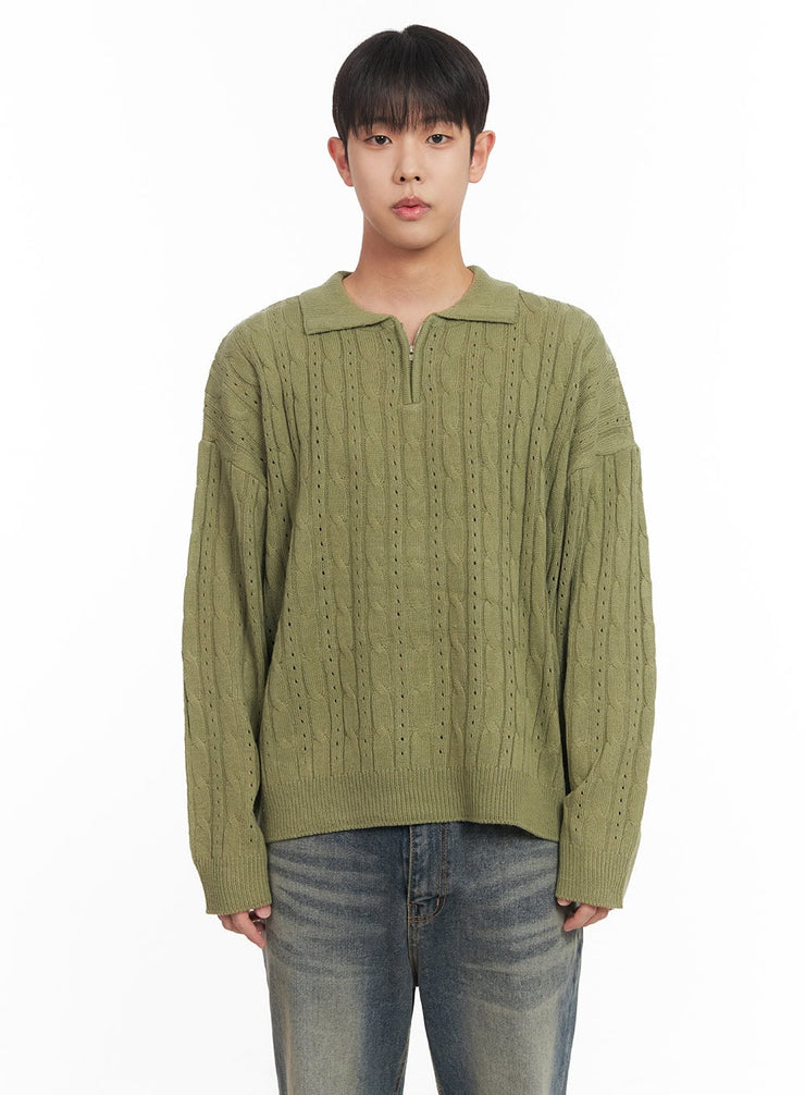 mens-cable-knit-half-zip-sweatshirt-im517 / Light green