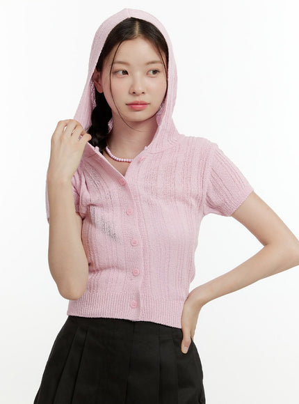 summer-knit-hooded-short-sleeve-cardigan-ol423 / Pink