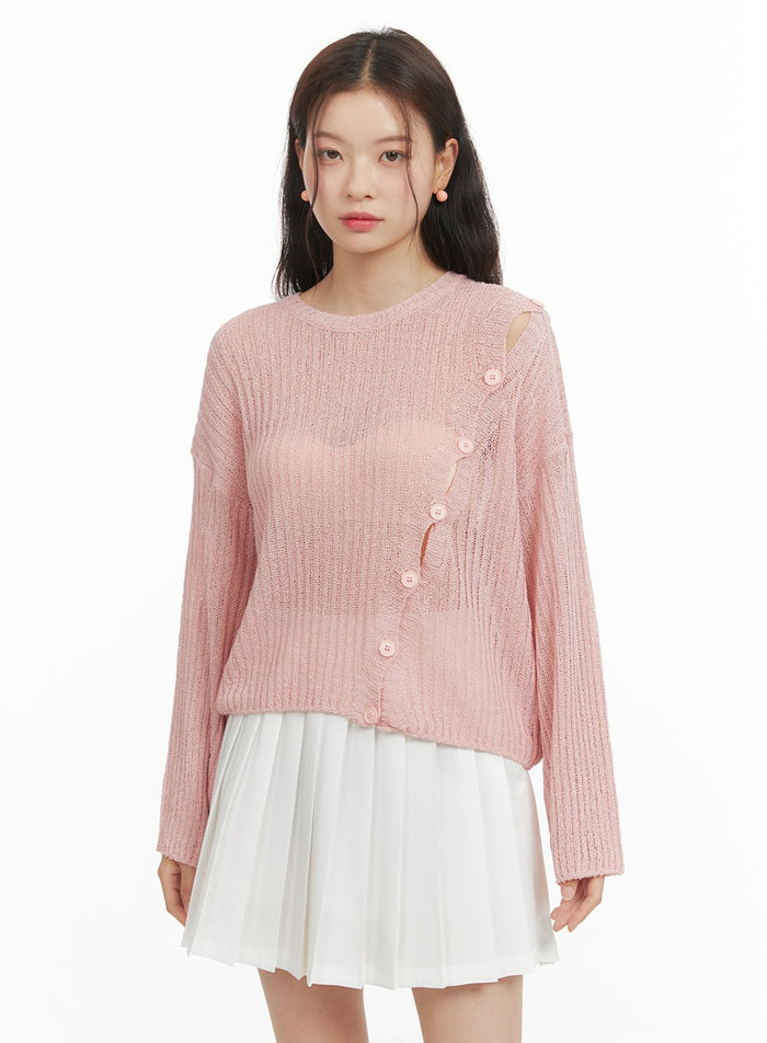 unbalanced-buttoned-hollow-out-sweater-oy421 / Pink