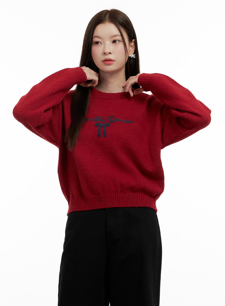 ribbon-knit-long-sleeve-sweater-on422 / Red